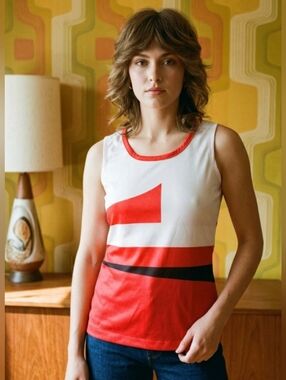 Vintage 70s Mod Geometric Print Smooth Thin Knit Tank M